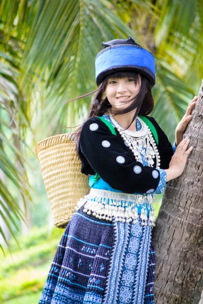 Lindo asiático joven chica en hermosa colina tribu (hmong) traje de norte thailand Imagen De Stock