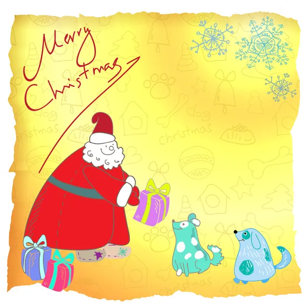 Vetor divertido cartão de Natal Papai Noel e cães azuis —  Vetores de Stock
