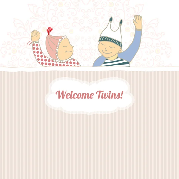 Baby shower card with twins little boy and girl, — Stock Vector