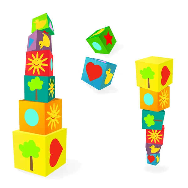 Vallende toren van kleurrijke kinderachtig spel kubussen — Stockvector