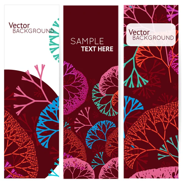 Retro colorato 3 striscioni con alberi astratti — Vettoriale Stock