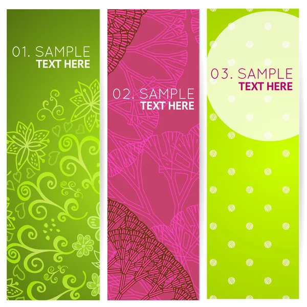 Set colorful 3 banners with abstract trees and doodles — Stock Vector
