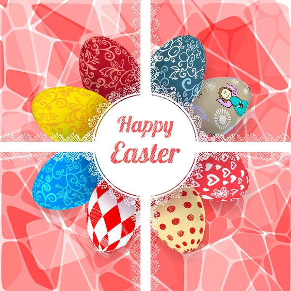 Tarjeta de fondo rosa de Pascua con huevos de ornamento — Vector de stock