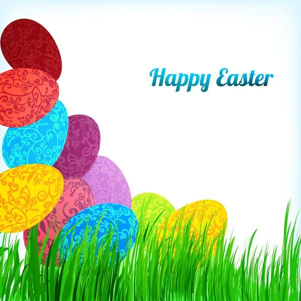 复活节背景装饰与鸡蛋在草地上 — 图库矢量图片