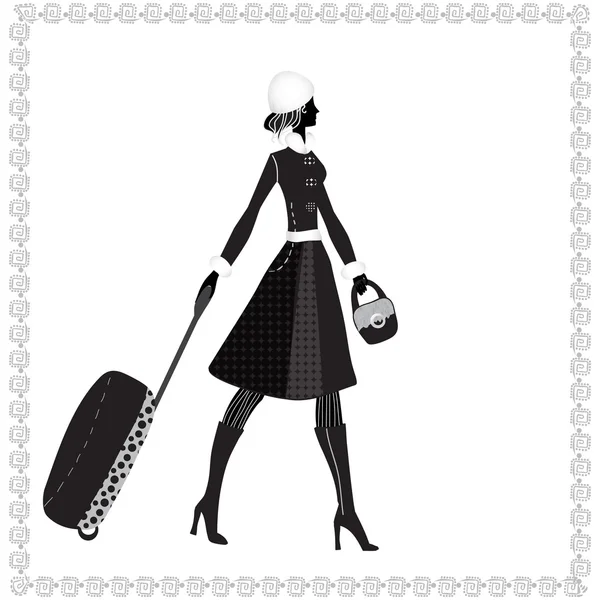 Elegantní žena se zavazadly, vektorové ilustrace, — Stockový vektor