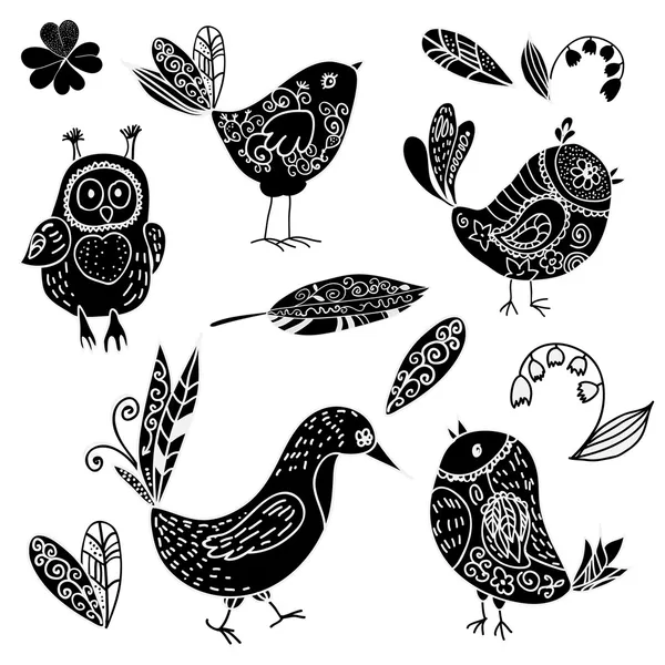 Czarne sylwetki ptaków i kwiat doodle zestaw — Wektor stockowy