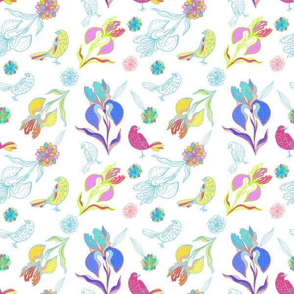 Vintage floralen nahtlosen Muster Iris und Vögel — Stockvektor