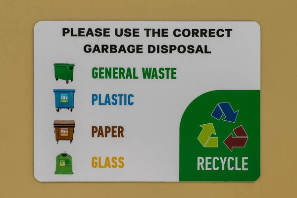 Znak Informacyjny Dotyczący Recyklingu Wskazujący Którego Pojemnika Należy Korzystać — Zdjęcie stockowe