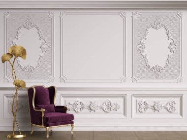 Klasik iç mekanlı klasik mobilyalar. Süslü kalıplı duvarlar. Döşeme parketi. Dijital Illustration.3d görüntüleme.