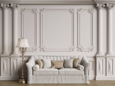 Klasik iç mekanlı klasik mobilyalar. Süslü kalıplı duvarlar. Döşeme parketi. Dijital Illustration.3d görüntüleme.