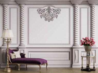 Klasik iç mekanlı klasik mobilyalar. Süslü kalıplı duvarlar. Döşeme parketi. Dijital Illustration.3d görüntüleme.