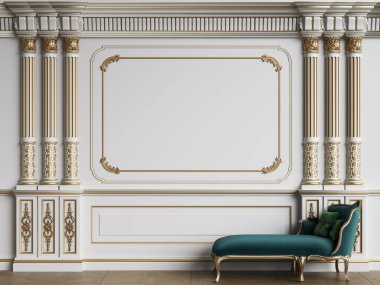 Klasik iç mekanlı klasik mobilyalar. Süslü kalıplı duvarlar. Döşeme parketi. Dijital Illustration.3d görüntüleme.