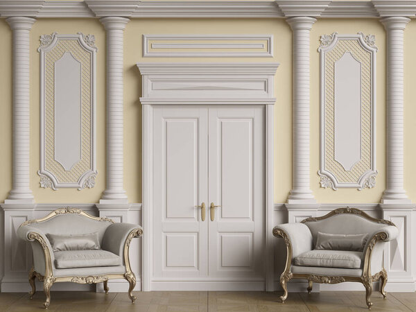Classic furniture in classic interior with copy space.Walls with ornated mouldings.Floor parquet.Digital Illustration.3d rendering
