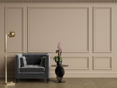 Klasik iç mekanlı klasik mobilyalar. Süslü kalıplı duvarlar. Döşeme parketi. Dijital Illustration.3d görüntüleme.