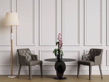 Klasik iç mekanlı klasik mobilyalar. Süslü kalıplı duvarlar. Döşeme parketi. Dijital Illustration.3d görüntüleme.