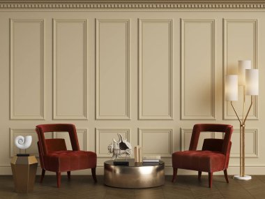 Klasik iç mekanlı klasik mobilyalar. Süslü kalıplı duvarlar. Döşeme parketi. Dijital Illustration.3d görüntüleme.