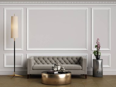 Klasik iç mekanlı klasik mobilyalar. Süslü kalıplı duvarlar. Döşeme parketi. Dijital Illustration.3d görüntüleme.