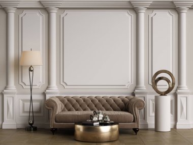 Klasik iç mekanlı klasik mobilyalar. Süslü kalıplı duvarlar. Döşeme parketi. Dijital Illustration.3d görüntüleme.