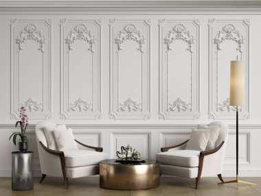 Klasik iç mekanlı klasik mobilyalar. Süslü kalıplı duvarlar. Döşeme parketi. Dijital Illustration.3d görüntüleme.