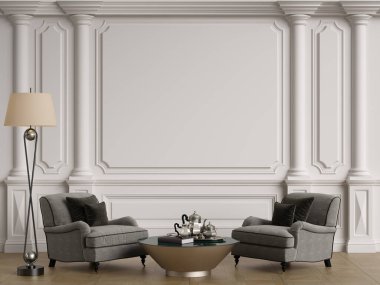 Klasik iç mekanlı klasik mobilyalar. Süslü kalıplı duvarlar. Döşeme parketi. Dijital Illustration.3d görüntüleme.