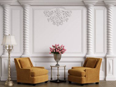 Klasik iç mekanlı klasik mobilyalar. Süslü kalıplı duvarlar. Döşeme parketi. Dijital Illustration.3d görüntüleme.