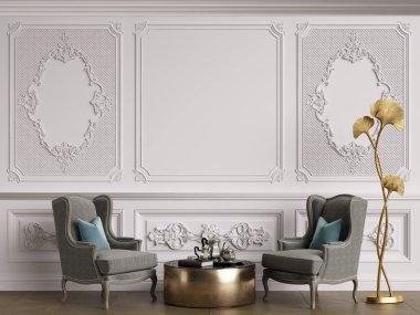 Klasik iç mekanlı klasik mobilyalar. Süslü kalıplı duvarlar. Döşeme parketi. Dijital Illustration.3d görüntüleme.