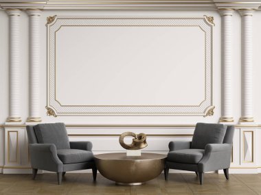 Klasik iç mekanlı klasik mobilyalar. Süslü kalıplı duvarlar. Döşeme parketi. Dijital Illustration.3d görüntüleme.