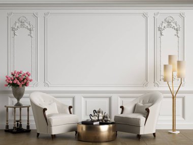 Klasik iç mekanlı klasik mobilyalar. Süslü kalıplı duvarlar. Döşeme parketi. Dijital Illustration.3d görüntüleme.