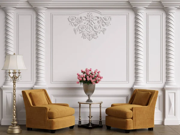 Klasik iç mekanlı klasik mobilyalar. Süslü kalıplı duvarlar. Döşeme parketi. Dijital Illustration.3d görüntüleme.