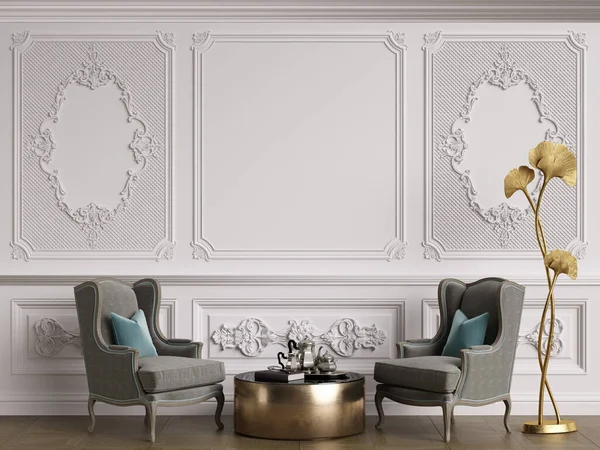 Klasik iç mekanlı klasik mobilyalar. Süslü kalıplı duvarlar. Döşeme parketi. Dijital Illustration.3d görüntüleme.