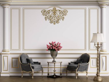 Klasik iç mekanlı klasik mobilyalar. Süslü kalıplı duvarlar. Döşeme parketi. Dijital Illustration.3d görüntüleme.