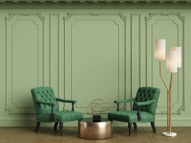 Klasik iç mekanlı klasik mobilyalar. Süslü kalıplı duvarlar. Döşeme parketi. Dijital Illustration.3d görüntüleme.