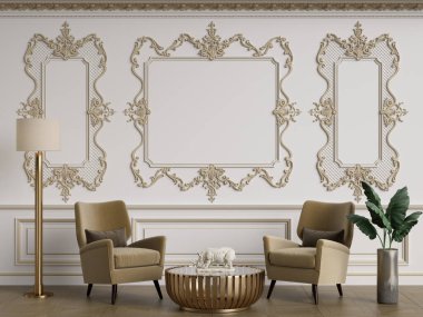 Klasik iç mekanlı klasik mobilyalar. Süslü kalıplı duvarlar. Döşeme parketi. Dijital Illustration.3d görüntüleme.