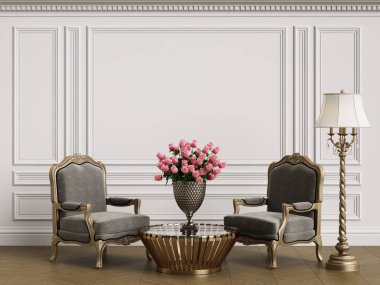 Klasik iç mekanlı klasik mobilyalar. Süslü kalıplı duvarlar. Döşeme parketi. Dijital Illustration.3d görüntüleme.