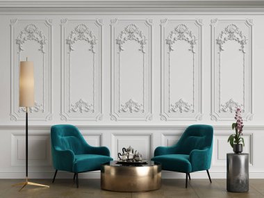 Klasik iç mekanlı klasik mobilyalar. Süslü kalıplı duvarlar. Döşeme parketi. Dijital Illustration.3d görüntüleme.