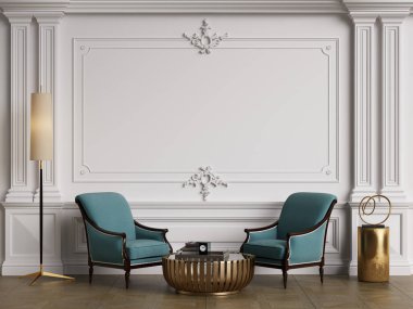 Klasik iç mekanlı klasik mobilyalar. Süslü kalıplı duvarlar. Döşeme parketi. Dijital Illustration.3d görüntüleme.