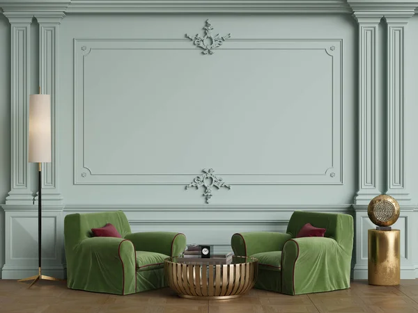 コピースペースと古典的なインテリアの古典的な家具 装飾された成形品と壁 床のパーク デジタルイラスト — ストック写真