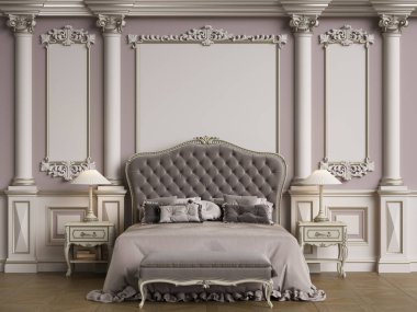 Klasik iç mekanlı klasik mobilyalar. Süslü kalıplı duvarlar. Döşeme parketi. Dijital Illustration.3d görüntüleme.