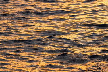 Deniz suyu yüzeyi. Gün batımında turuncu dalgalar.
