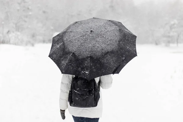 Una Persona Camina Con Paraguas Durante Nevada Paseo Invierno Con — Foto de Stock