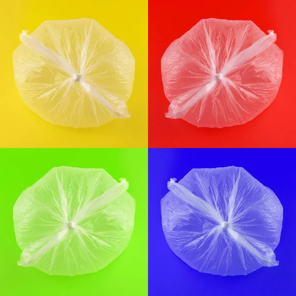Şeffaf Plastik Torba Kullanılmış Farklı Renklerde Arka Planlarda Kusursuz Desen — Stok fotoğraf
