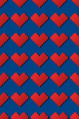 Mavi arka planda kırmızı piksel kalpler. Kusursuz tekrarlama deseni.