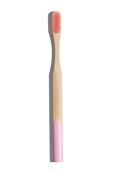 Бамбукова Зубна Щітка Рожевою Щетиною Ізольована Білому Тлі — стокове фото