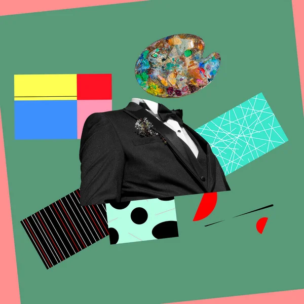 搭配黑色领带 配上彩色调色板 数码拼贴现代艺术 拍卖和当代艺术博物馆的概念 — 图库照片