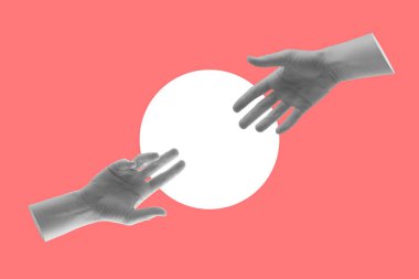 İki el birbirine uzanıyor. Dijital kolaj modern sanat.