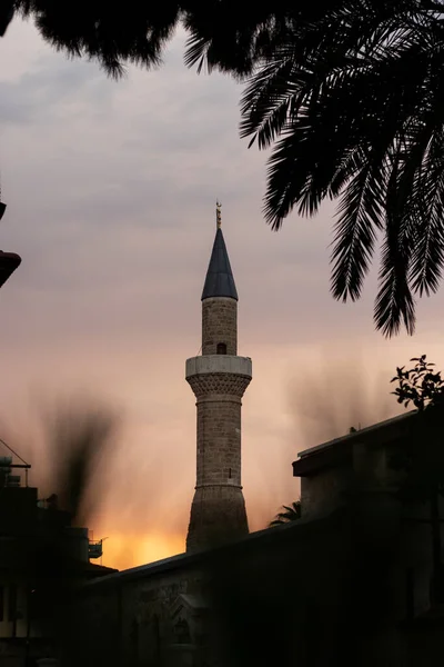 Dunkle Silhouette Einer Moschee Mit Einem Hohen Minarett Bei Sonnenuntergang — Stockfoto