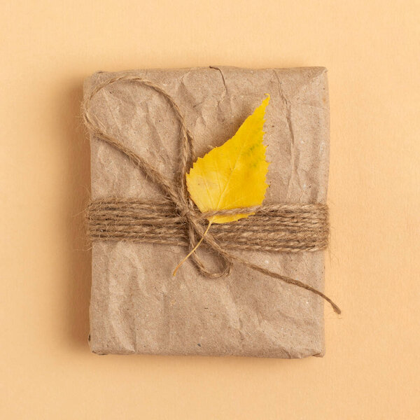 Autumn gift with a dry yellow leaf.