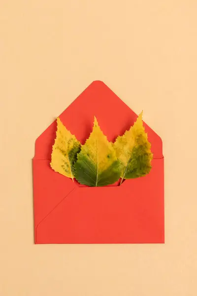 Red Postal Envelope Autumn Yellow Leaves — Stockfoto