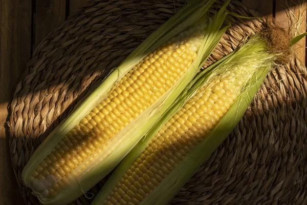 Uncooked Corn Cobs Closeup Top View — Stock fotografie