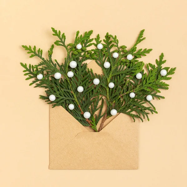 Green Coniferous Twigs Envelope Christmas Greeting Letters Concept — Stock Photo, Image